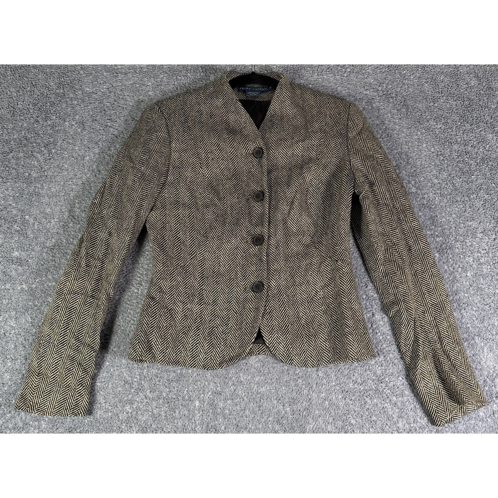 VTG Ralph Lauren Blue Label Linen Silk Wool Herringbone Blazer Size 4 JAPAN MADE